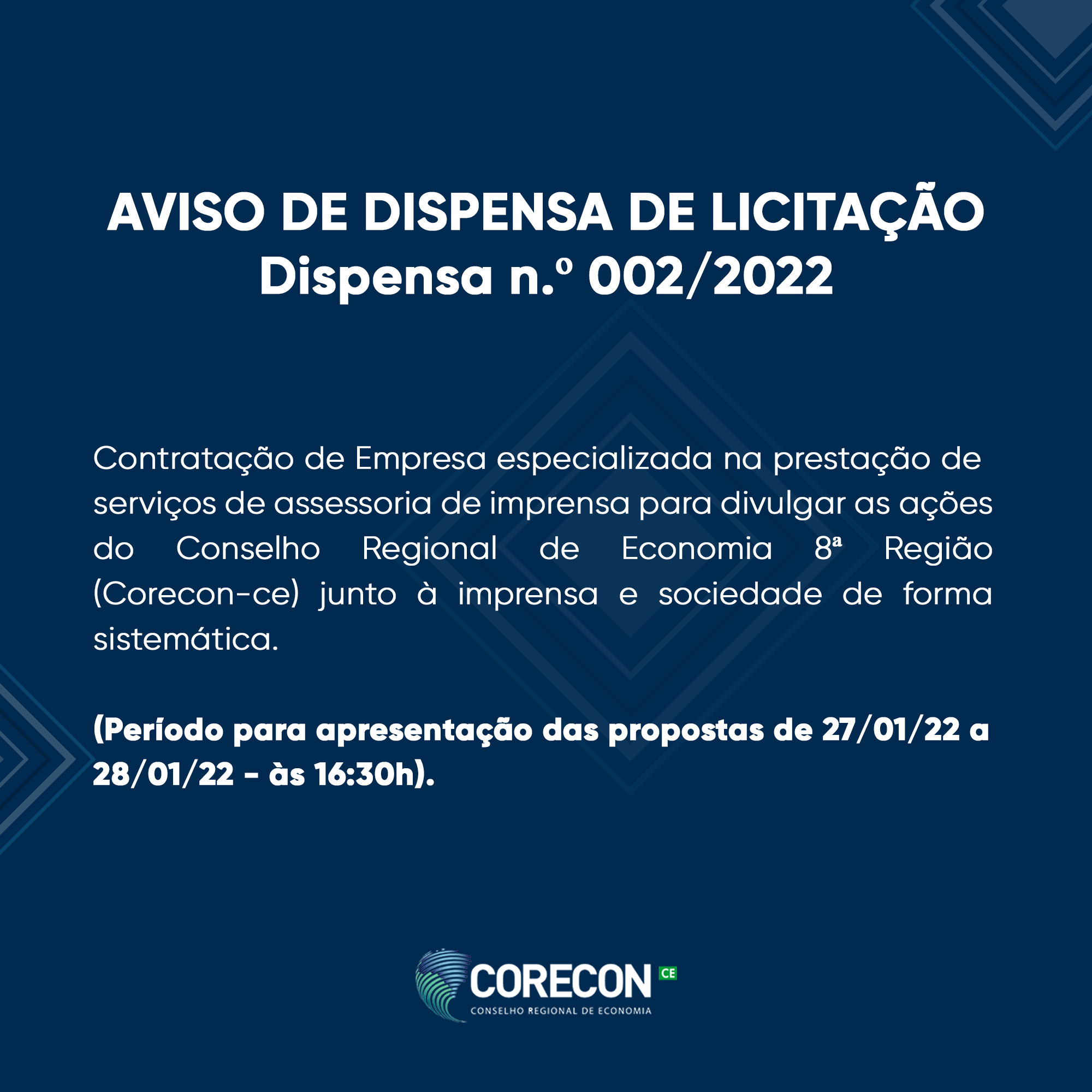 Aviso De Dispensa De LicitaÇÃo Dispensa Nº 0022022 Conselho Regional De Economia Da 8ª 7375